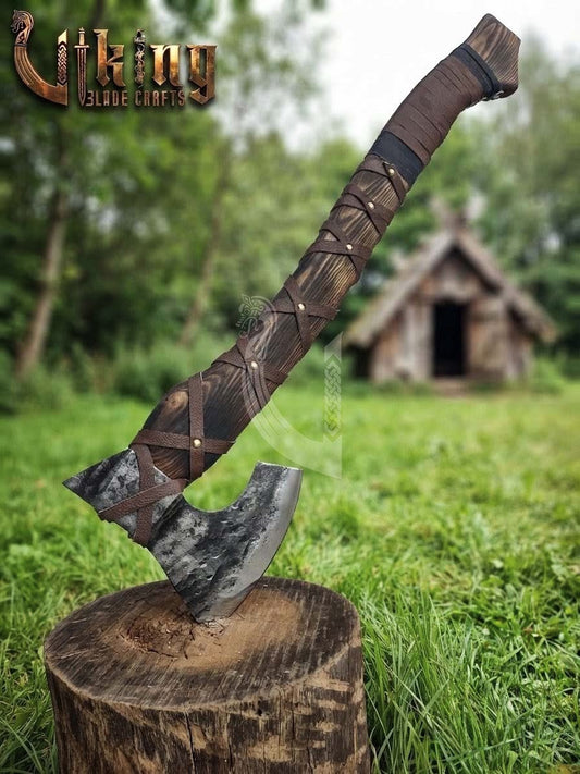 True Hand-Forged Viking Bearded Axe 30" | Leather-Wrapped Sculpted Skeggøx