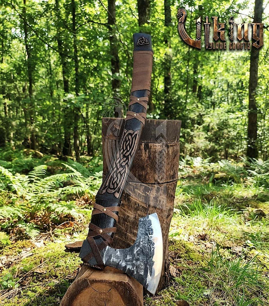 Jelling-Style Viking Axe 30" | Hand-Forged Bearded Axe with Carved Ashwood