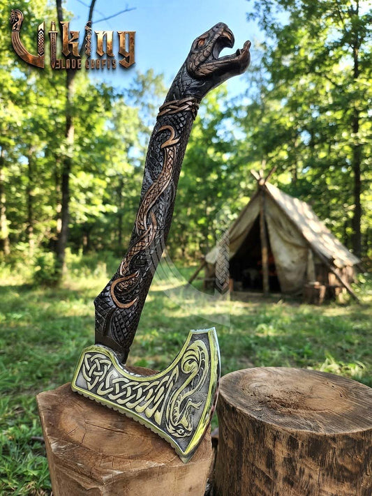 The Jormungandr Wrath 23" Hand-Forged Norse Serpent Carved Rosewood Axe
