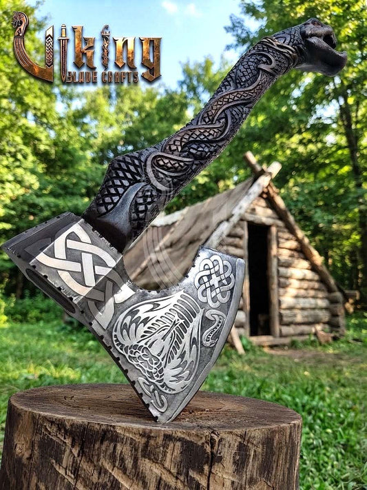 Hand-Forged Norse Serpent Carved Rosewood Axe 23" | Serpent Etched