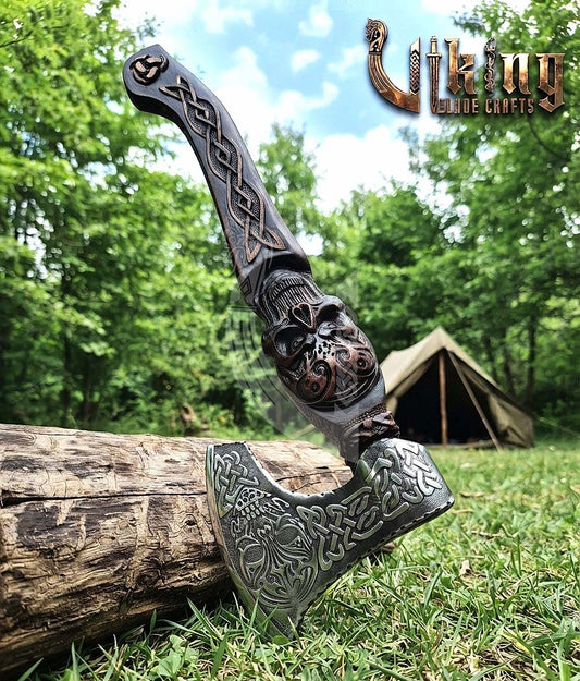 Hand-Forged 23" Norse Skull Carved Rosewood Axe | Skull Etched