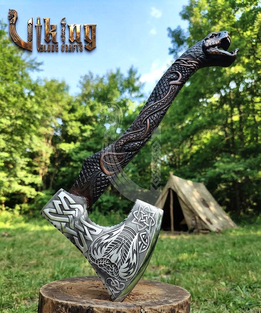 The Wyrm’s Fang 23" Hand-Forged Norse Carved Serpent Rosewood Axe