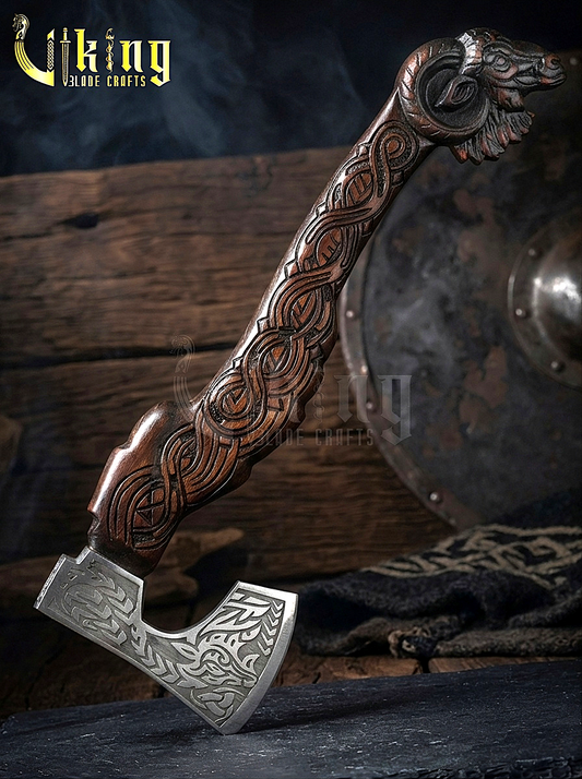 hand carved Viking goat axe with geit handle and forged steel blade