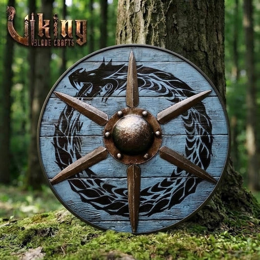 The Ocean-Coiler Hand-Rendered Jörmungandr Blue Viking Shield