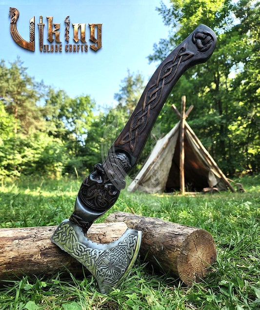 Hand-Forged 23" Norse Skull Carved Rosewood Axe | Skull Etched