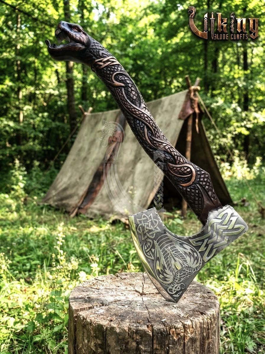 The Wyrm’s Fang 23" Hand-Forged Norse Carved Serpent Rosewood Axe