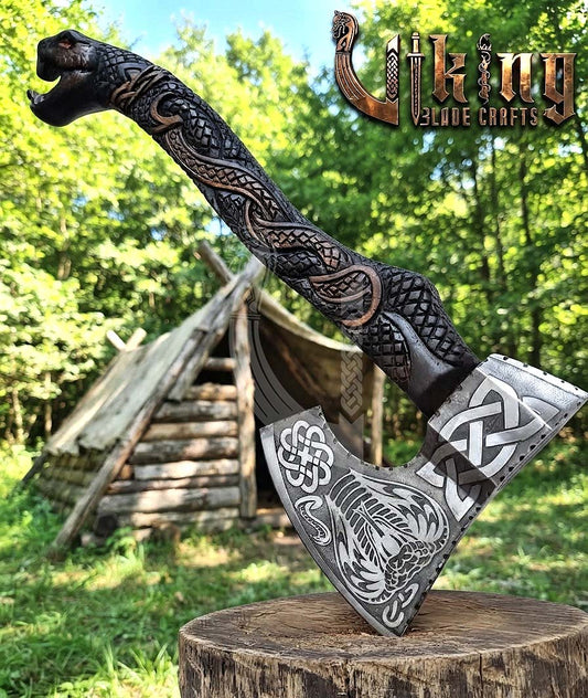 Hand-Forged Norse Serpent Carved Rosewood Axe 23" | Serpent Etched