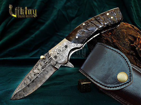 Hand-Forged Damascus Steel Knife | Raindrop Pattern | Ram Horn Handle