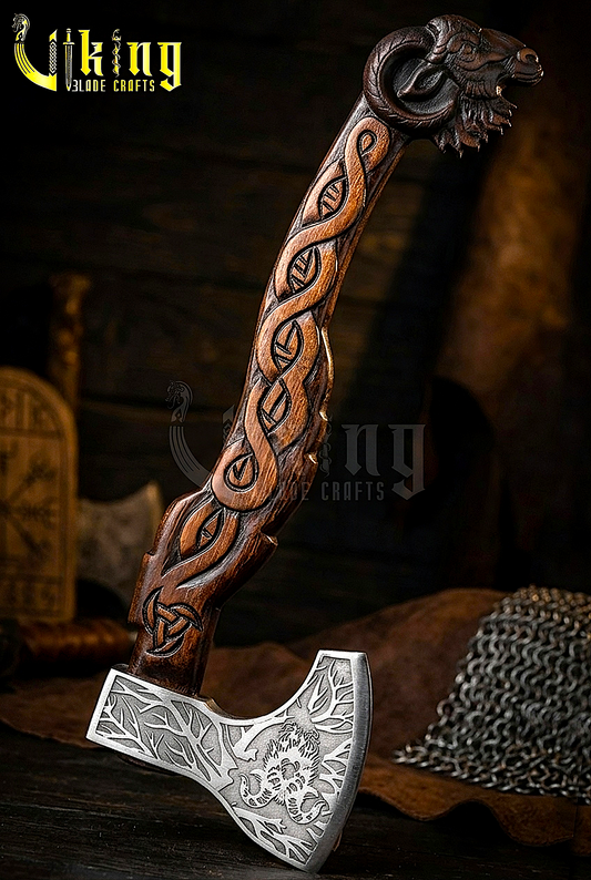 Thor’s Goat Viking Axe | Geit Norse Totem | Hand-Forged Carbon Steel | Wooden Gift Box