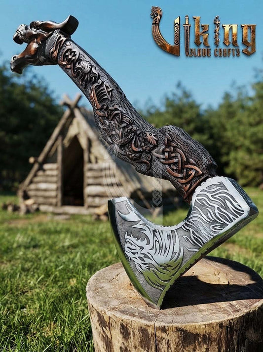 The Fáfnir Legacy 23" Hand-Forged 3D Carved Norse Dragon Axe