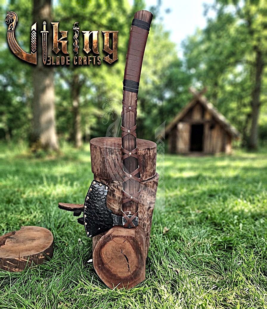 True Hand-Forged Viking Bearded Axe 30" | Leather-Wrapped Upswept Skeggøx