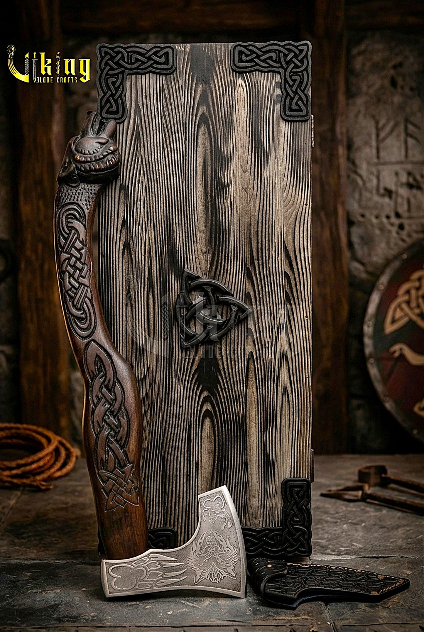 forged steel battle axe with detailed wolf head carving