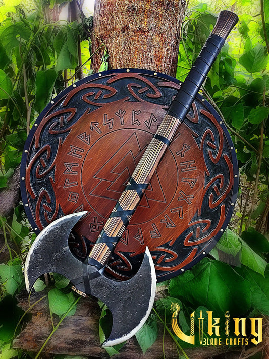 Viking Warrior Set: 33" Double-Headed Axe & Rune-Engraved Valknut Shield Viking_Blade_Crafts