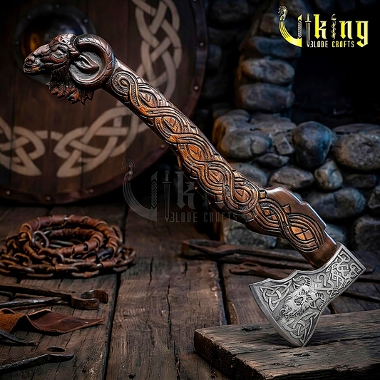 Geit Viking Axe | Thor’s Goat Symbol | Intricate Carved Handle