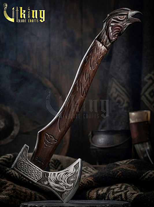 Huginn Muninn Viking axe with hand carved raven handle and forged steel blade