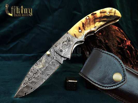Hand-Forged Damascus Steel Folding Knife | Raindrop Pattern | Ram Horn Handle