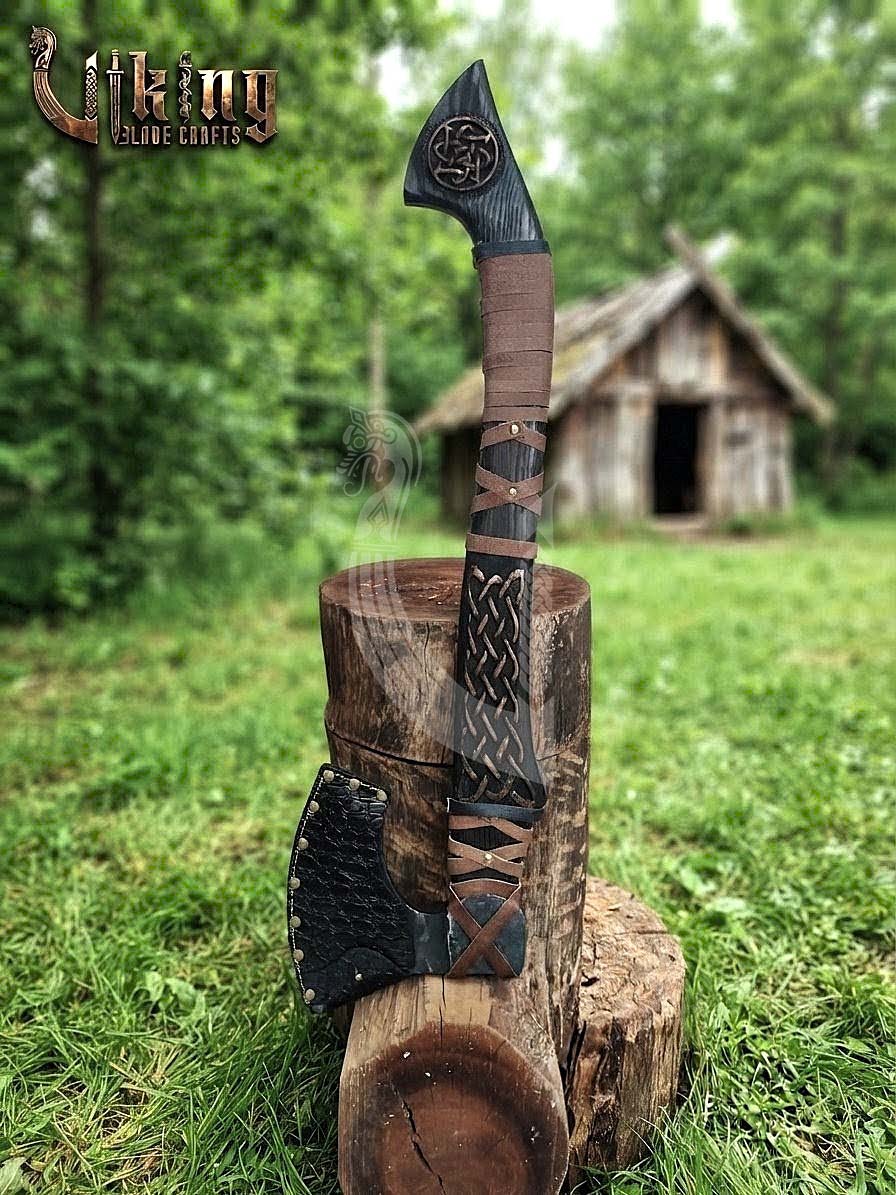 Hand-Forged Viking Bearded Axe 30" | Urnes-Style Knotwork Carved Ashwood