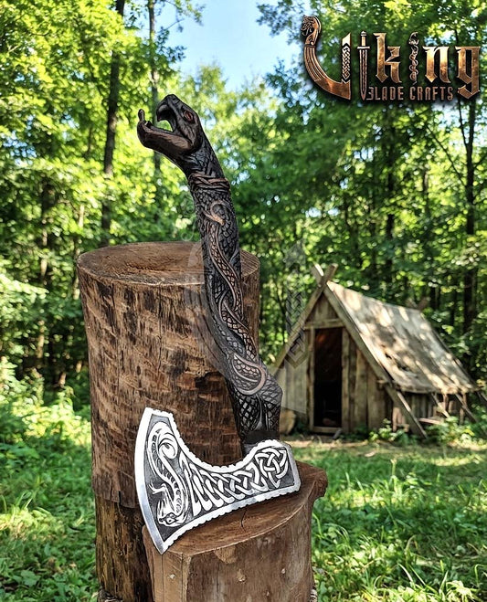 The Jormungandr Wrath 23" Hand-Forged Norse Serpent Carved Rosewood Axe