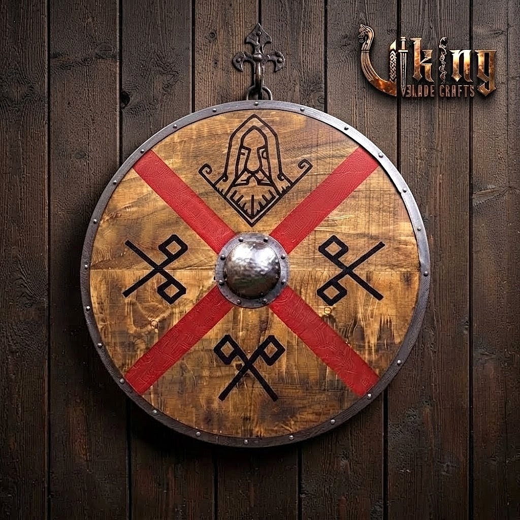 The Skjöldr of Asgard Red Cross & Runic God-Mask Viking Shield