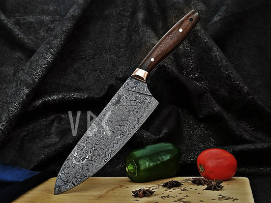 Handmade Damascus Chef Knife with Rosewood & Copper Bolster Handle Viking_Blade_Crafts