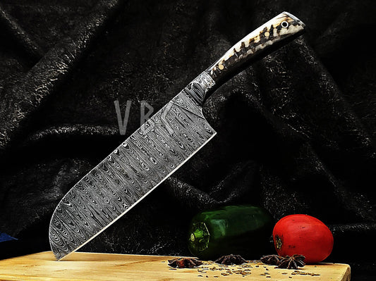Damascus Steel Chef Knife With Ram Horn Handle & Damascus Bolster Viking_Blade_Crafts