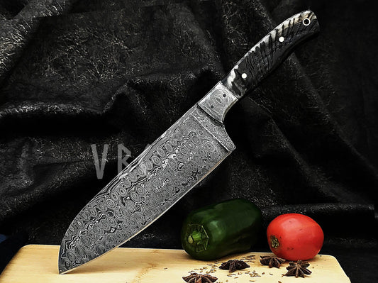 Damascus Steel Chef Knife With Rain Drop Pattern & Ram Horn Handle Viking_Blade_Crafts