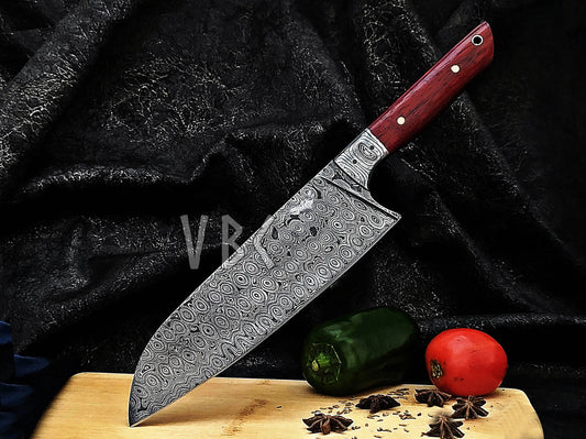 Forged Damascus Chef Knife With Red Blood Wood & Damascus Bolster Handle Viking_Blade_Crafts