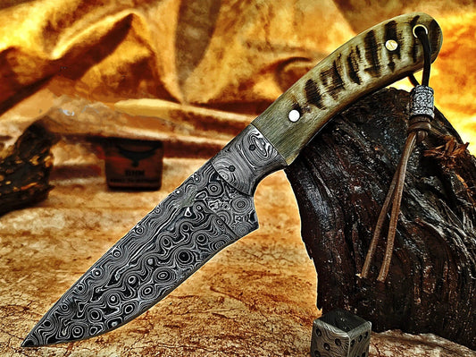 Damascus Steel EDC & Camping Knife & Ram Horn Handle With Bolster