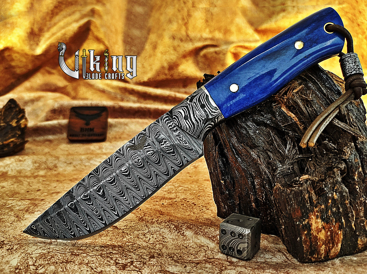 Damascus Steel Hunting Knife With Stained Bone Handle With Sheath