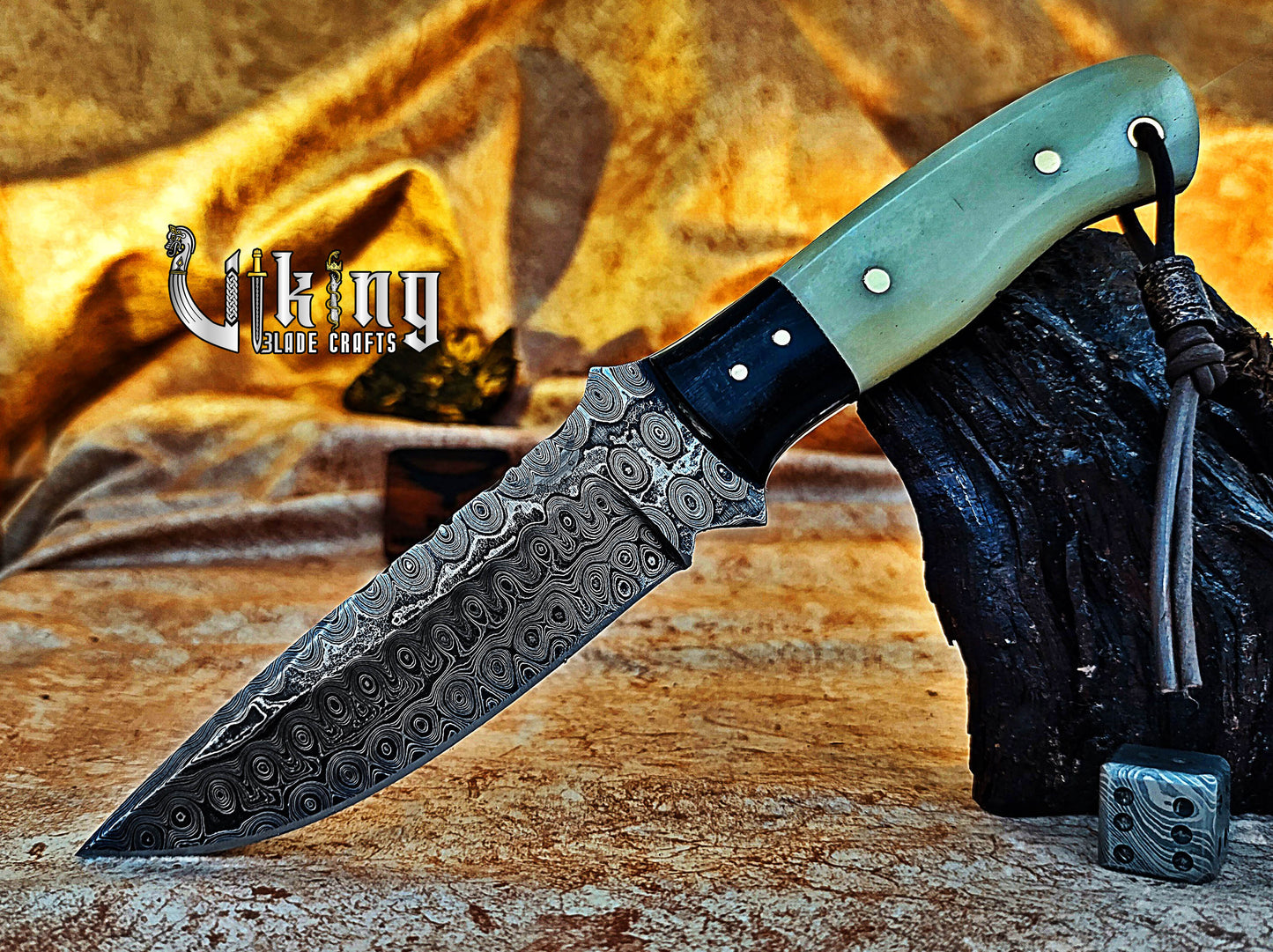 Damascus Fixed Blade Hunting Knife With Stained Bone & Buffalo horn Handle