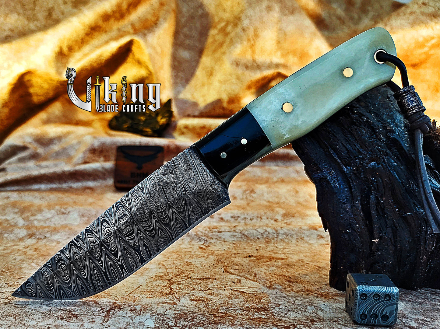 Damascus Steel Hunting Knife With Stained Bone & Buffalo Horn Handle