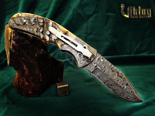 Custom Hand-Forged Handmade Damascus Folding Knife | Raindrop Pattern | Ram Horn Handle