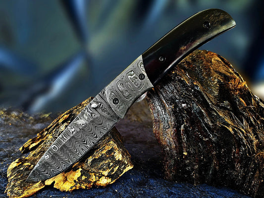Handmade Damascus Folding Pocket Knife With Buffalo Horn Handle Viking_Blade_Crafts