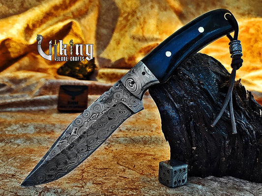 Handmade Damascus Fixed Blade Hunting Knife Ebony Wood Handle With Sheath Viking_Blade_Crafts