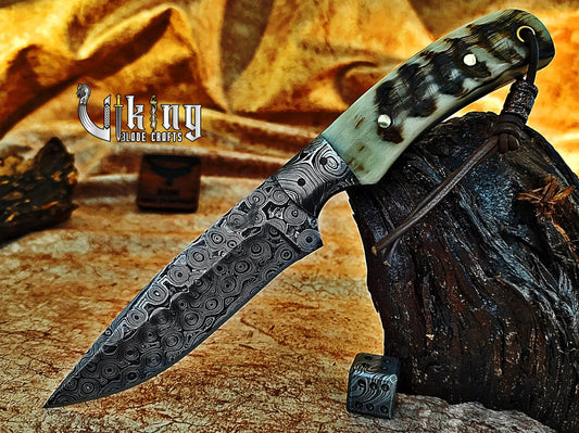 Handmade Damascus Steel Fixed Blade Hunting Knife With Leather Cover Viking_Blade_Crafts