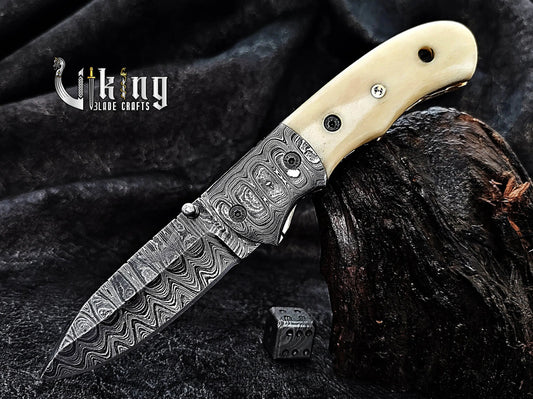 Handmade Damascus Steel Folding Pocket knife With Camel Bone Handle Viking_Blade_Crafts