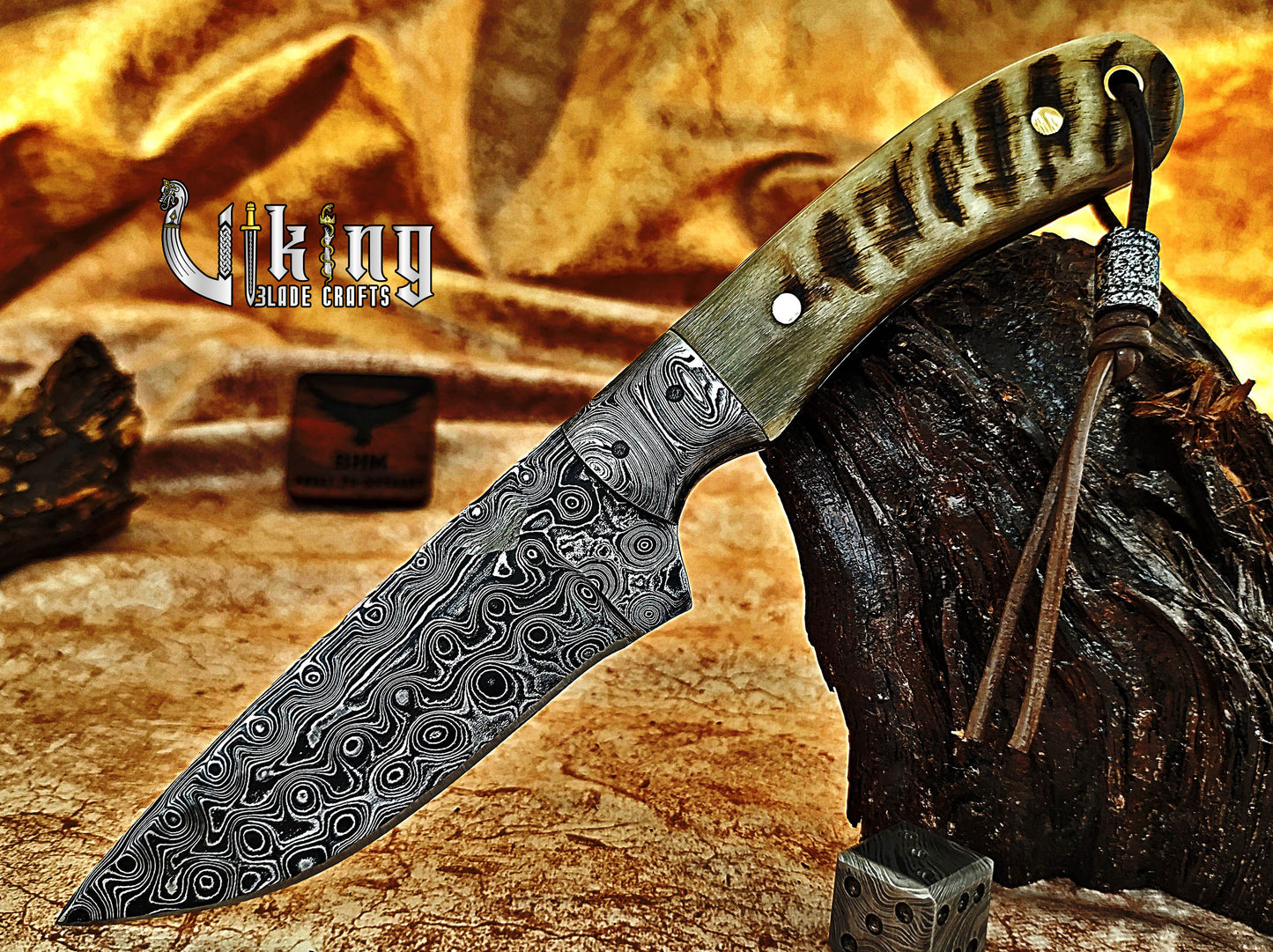 Damascus Steel Hunting & Camping Knife & Ram Horn Handle With Bolster