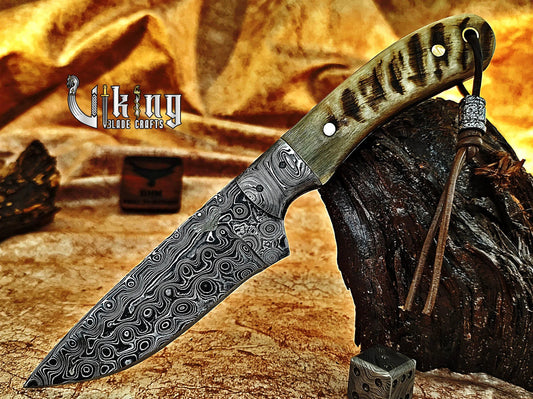 Damascus Steel Hunting & Camping Knife & Ram Horn Handle With Bolster Viking_Blade_Crafts