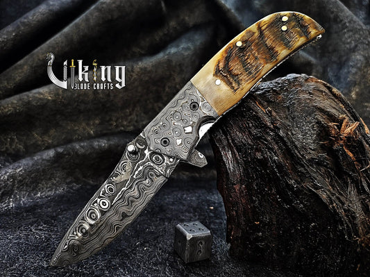 Handmade Damascus Steel Rain Drop Pattern Ram Horn Handle Folding Knife Viking_Blade_Crafts