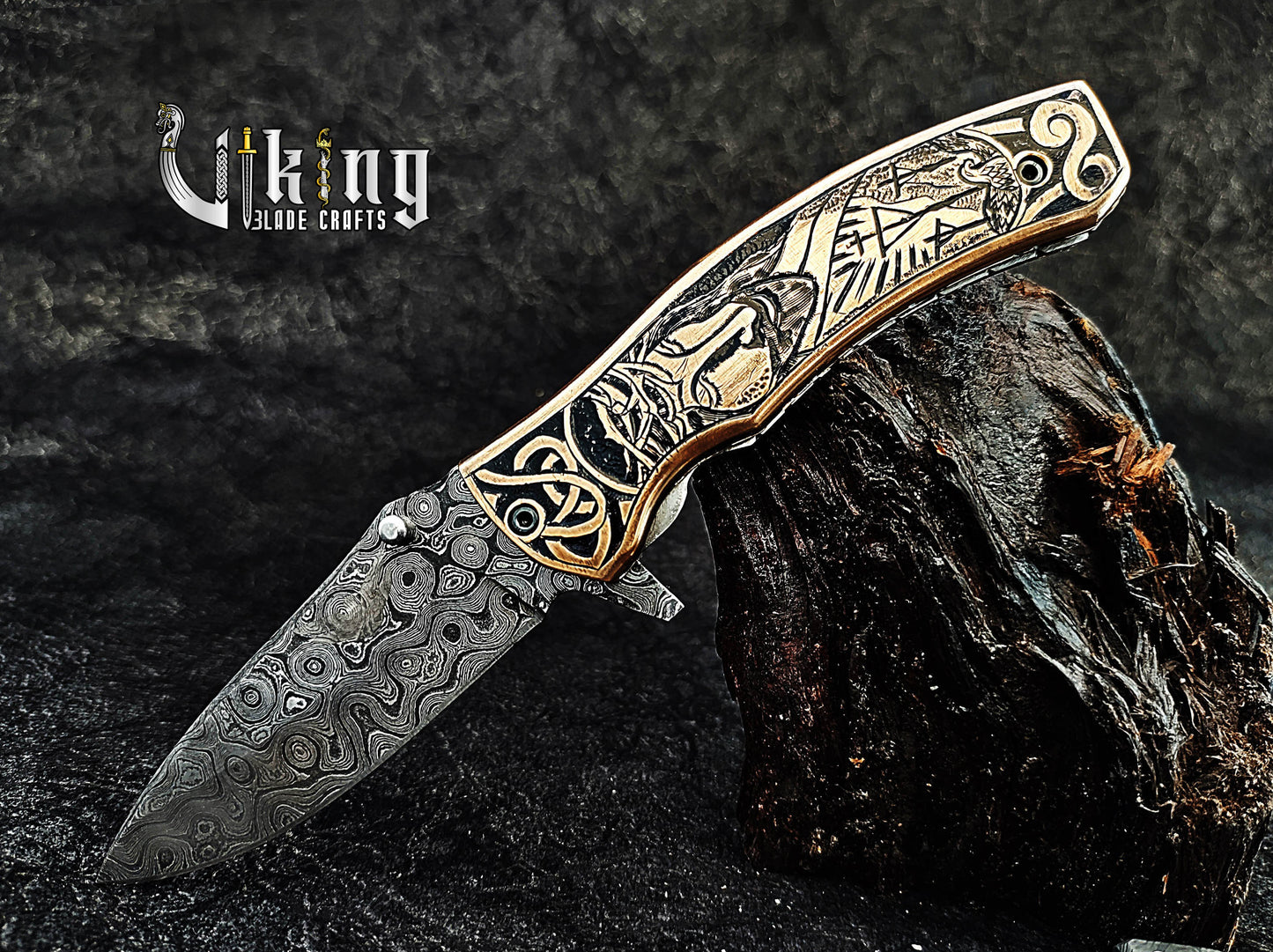 Damascus steel Folding knife with Jesus Crucifixion carved handle.