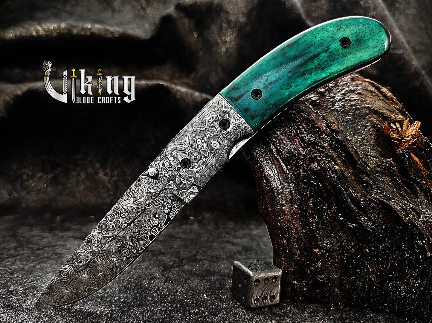 Handmade Damascus Folding Knife with Stained Bone Handle & Clip