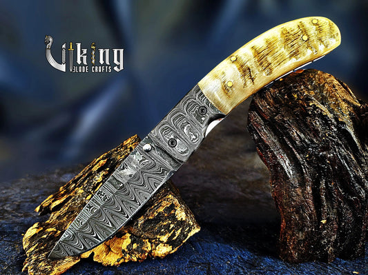 Hand-Forged Damascus Steel Blade with Ram Horn Handle & Easy Lock Folding Knife Viking_Blade_Crafts