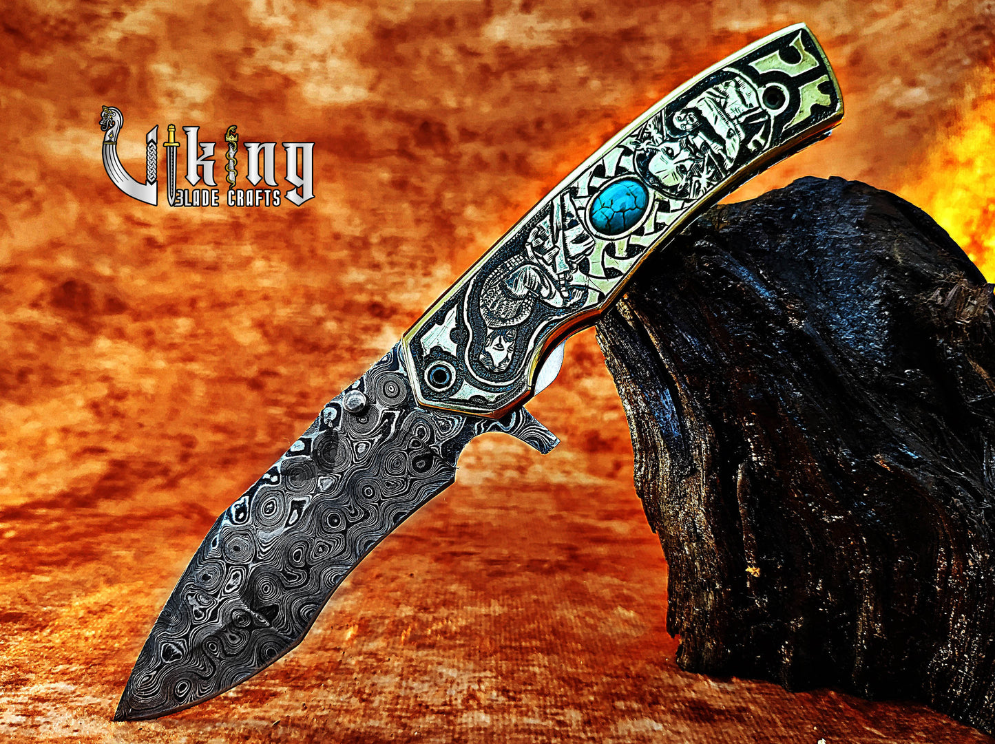 Damascus Steel Blade Folding Knife with Viking Floki-Inspired Carving Handle