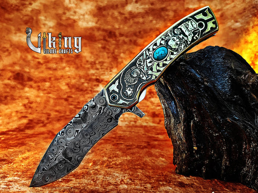 Damascus Steel Blade Folding Knife with Viking Floki-Inspired Carving Handle Viking_Blade_Crafts