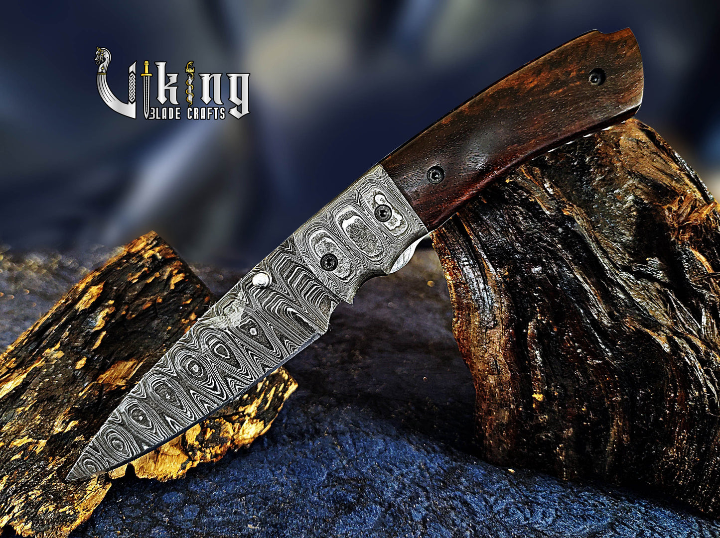 Handmade Damascus Folding Knife with Rosewood Handle & Pocket Clip