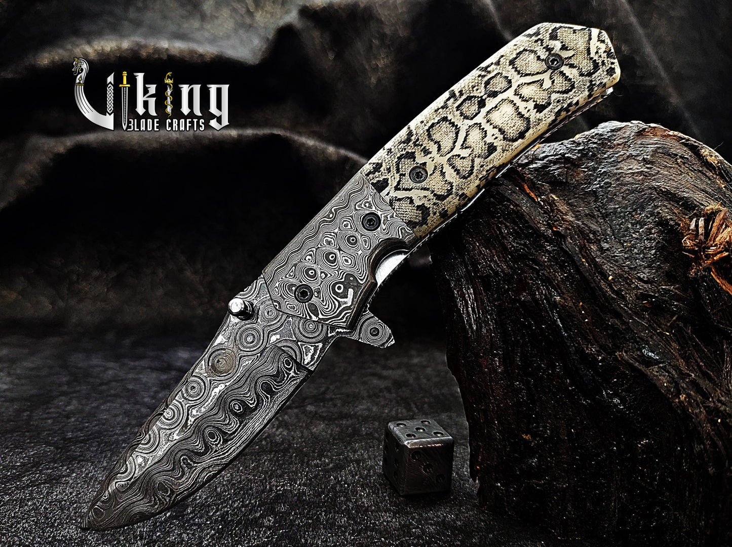 Damascus Steel Folding Pocket Knife With Damascus Clip and Bone Handle