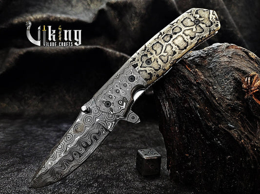 Damascus Steel Folding Pocket Knife With Damascus Clip and Bone Handle Viking_Blade_Crafts