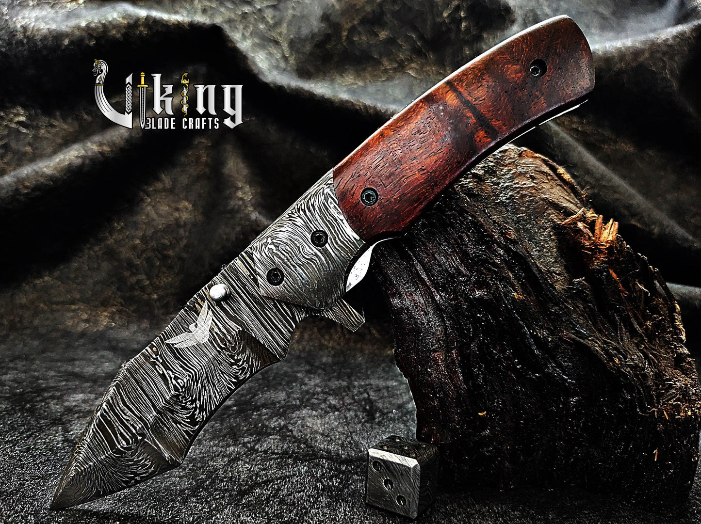 Damascus Steel Folding Pocket Knife With Sheath Rose Wood Handle