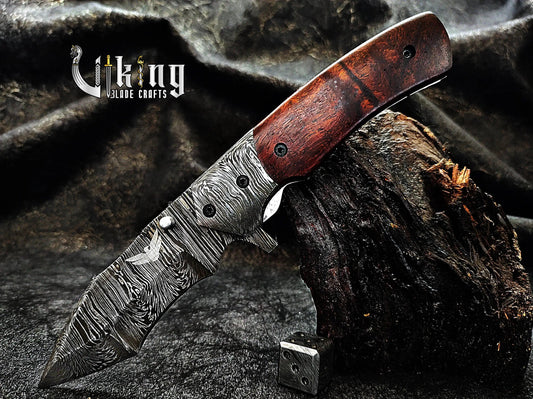 Damascus Steel Folding Pocket Knife With Sheath Rose Wood Handle Viking_Blade_Crafts