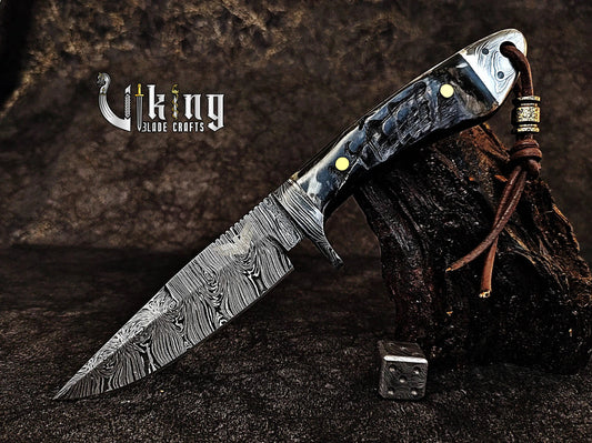 Handmade Damascus Steel Ram Horn Fixed Blade Hunting Knife Viking_Blade_Crafts